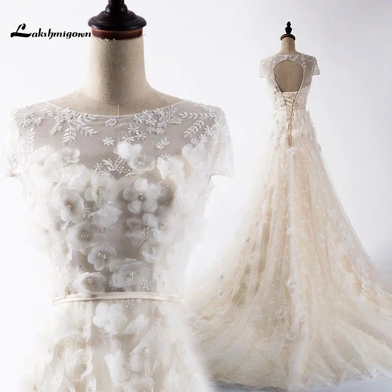 Robe de mariée en dentelle, manches courtes, Sexy, dos lacé, perles, sur mesure