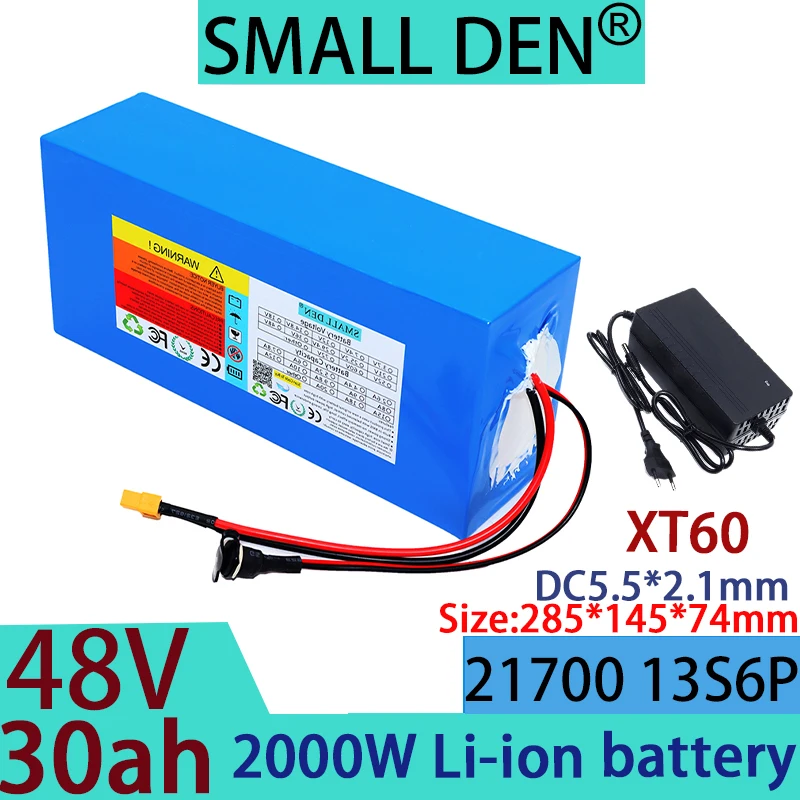 New 48V 30ah lithium-ion battery pack 13S6P 21700 0-2000W motor, built-in 40A  BMS rechargeable battery+2A3A5A charger