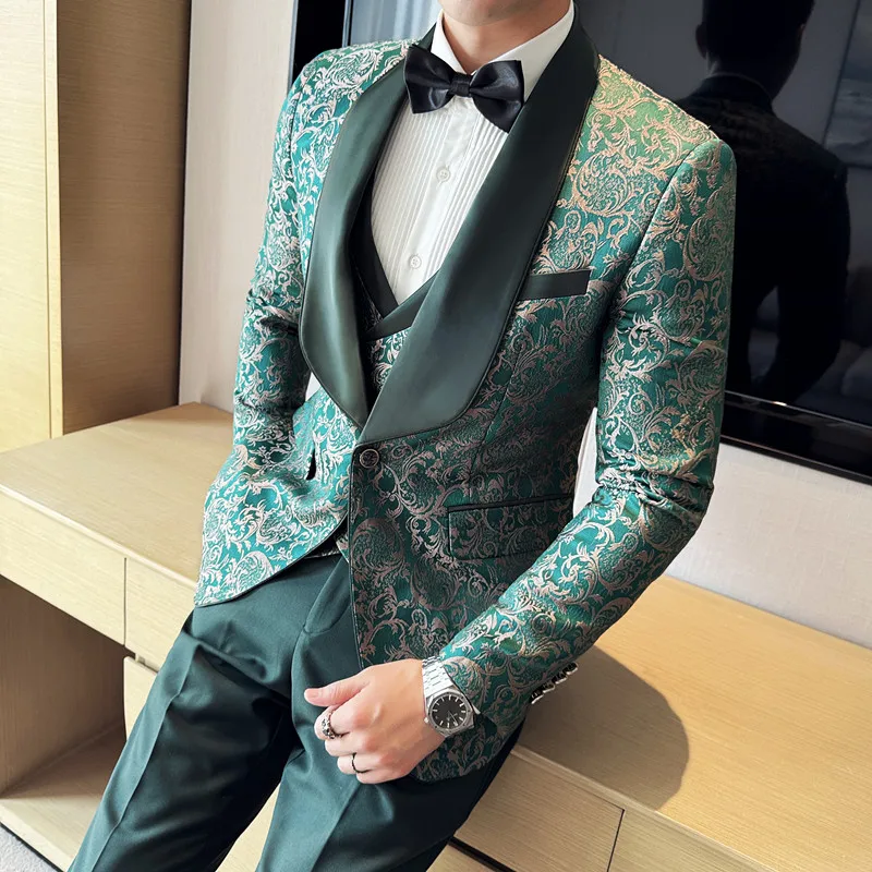 2024 Spring New Men\'s (suit + Vest + Trousers) British Style Business Casual Three-piece High-density Jacquard Wedding Dress