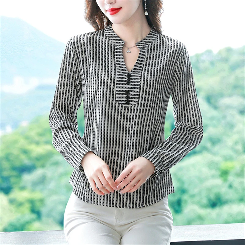 Women Clothes New Autumn Ruffled Button Striped Print Blouses Korean Fashion Elegant Casual Shirts V Neck Long Sleeve Loose Tops