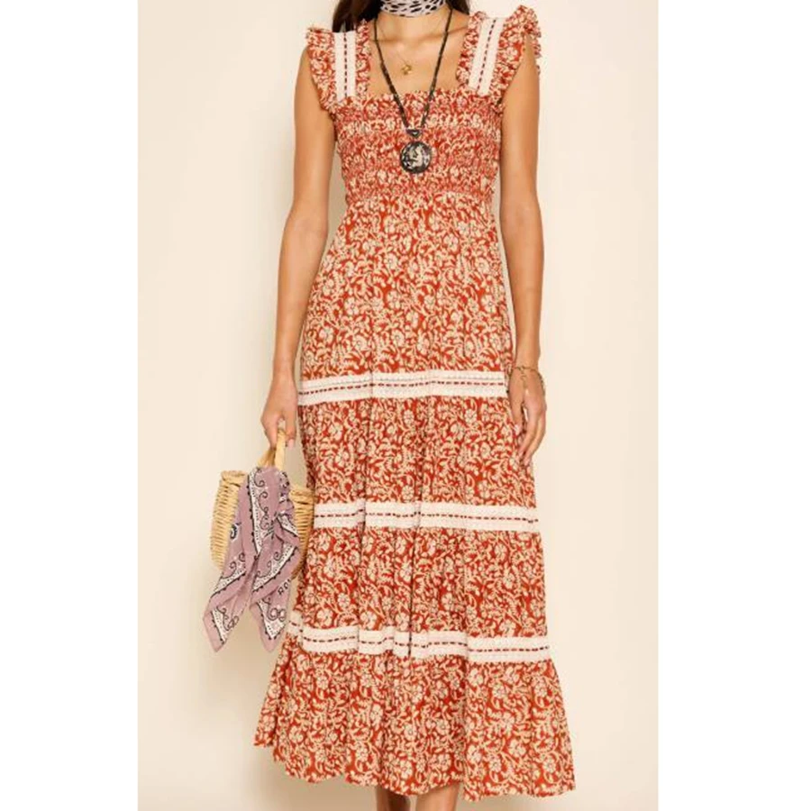 2025 여성 패치워크 여름 캐미 롱 드레스 플라워 프린트 슬리브리스 스퀘어넥 롱 플로위 A라인 비치 드레스