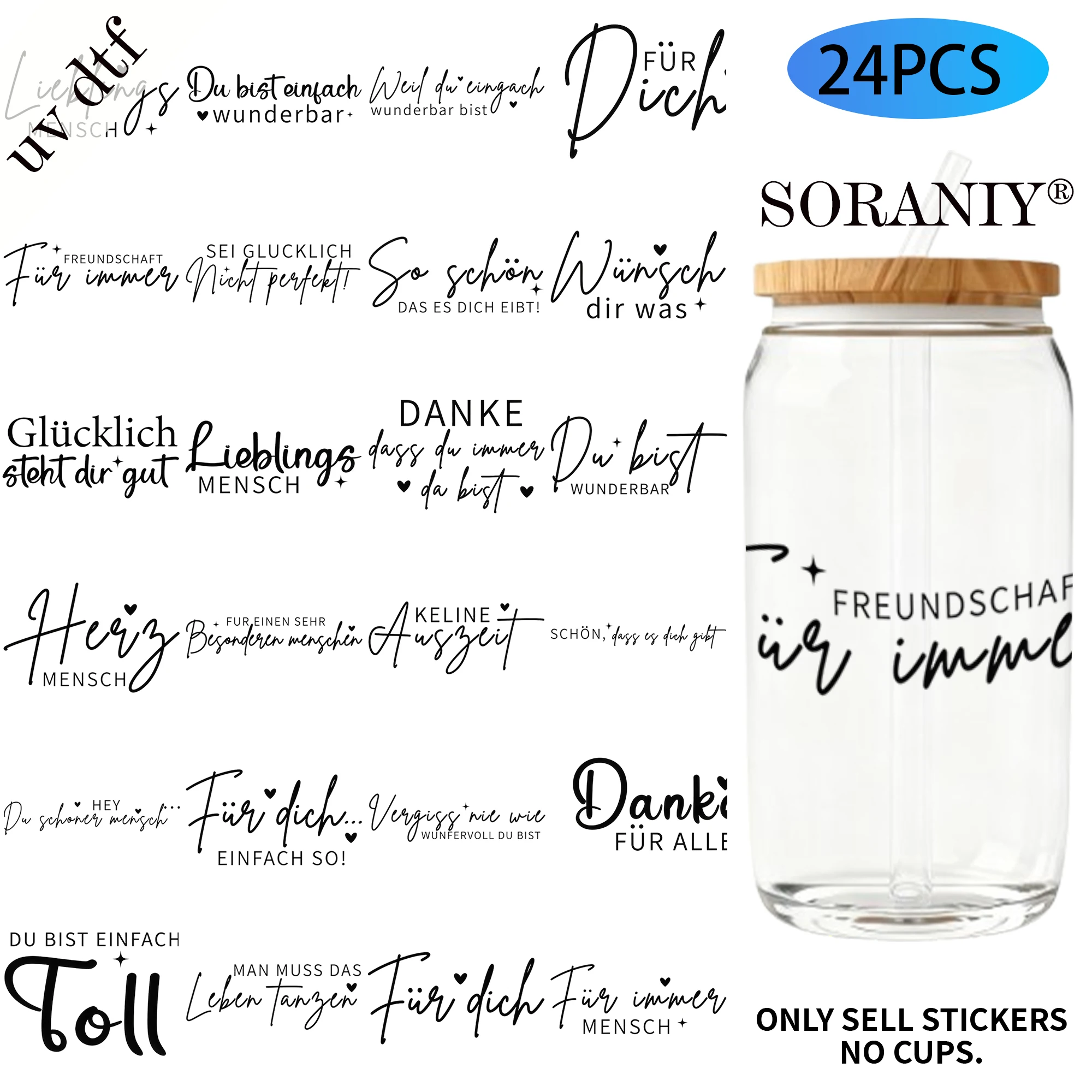 24-teiliges Set mit deutschen Zitaten, UV-DTF-Transferpapier-Set für 16oz Wasserflaschen aus Glas.