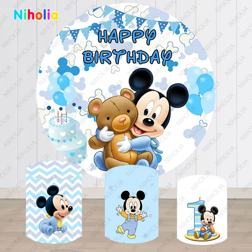 Mickey Mouse Backdrop Birthday Party For Kid 1st Baby Shower Round Background Covers Disney Character Customize Event Decor