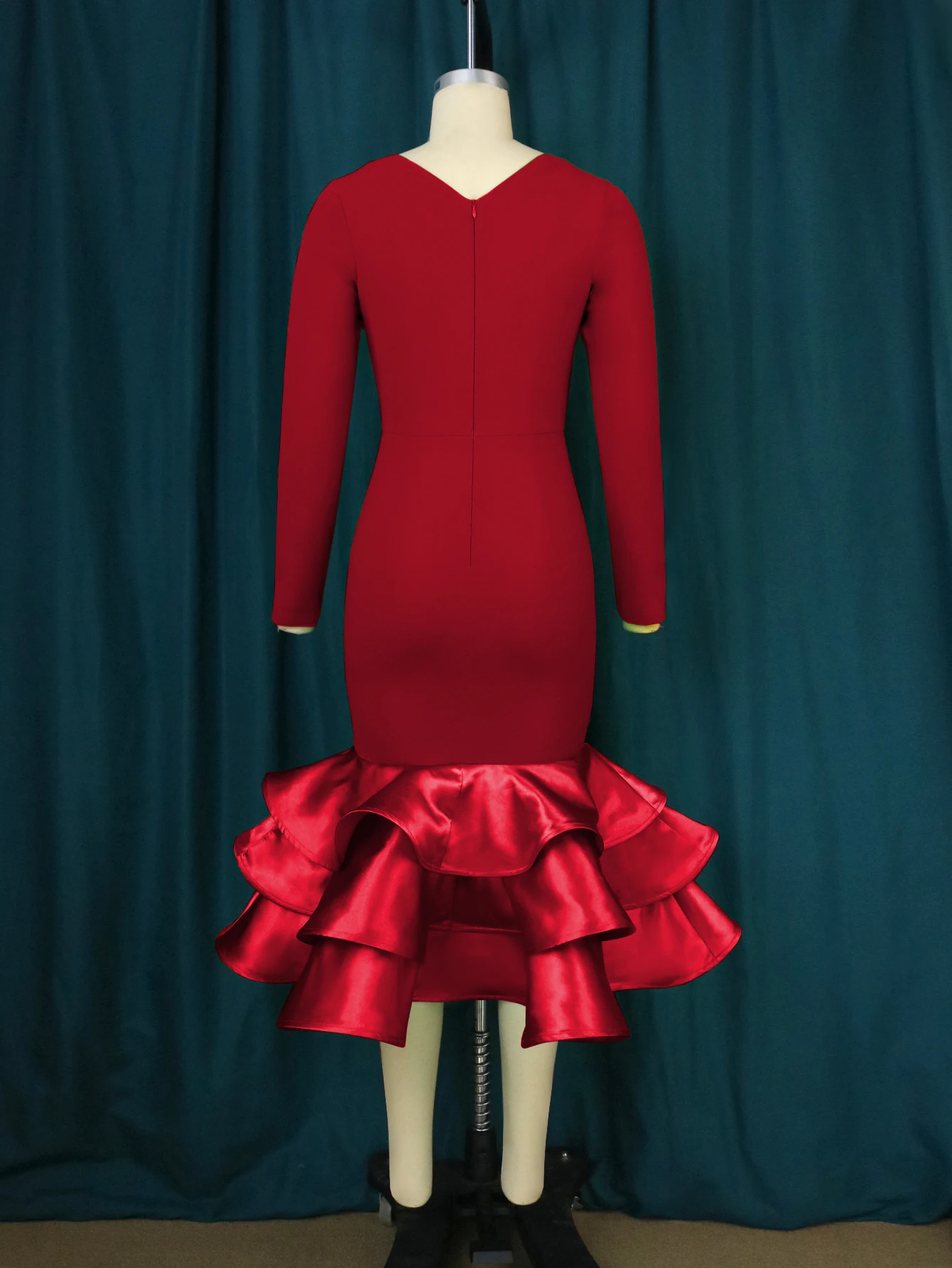 AOMEI-Vestido feminino de manga comprida, recortado, em camadas, enfeitado com babados, formal, modesto, formal, formal, vermelho, festa de Natal, novo, 2024