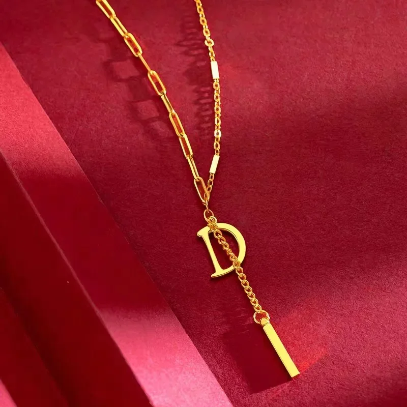 9999 real gold 24K yellow gold Letter Necklace Women\'s High-end Light Luxury New English Letter Clavicle Chain