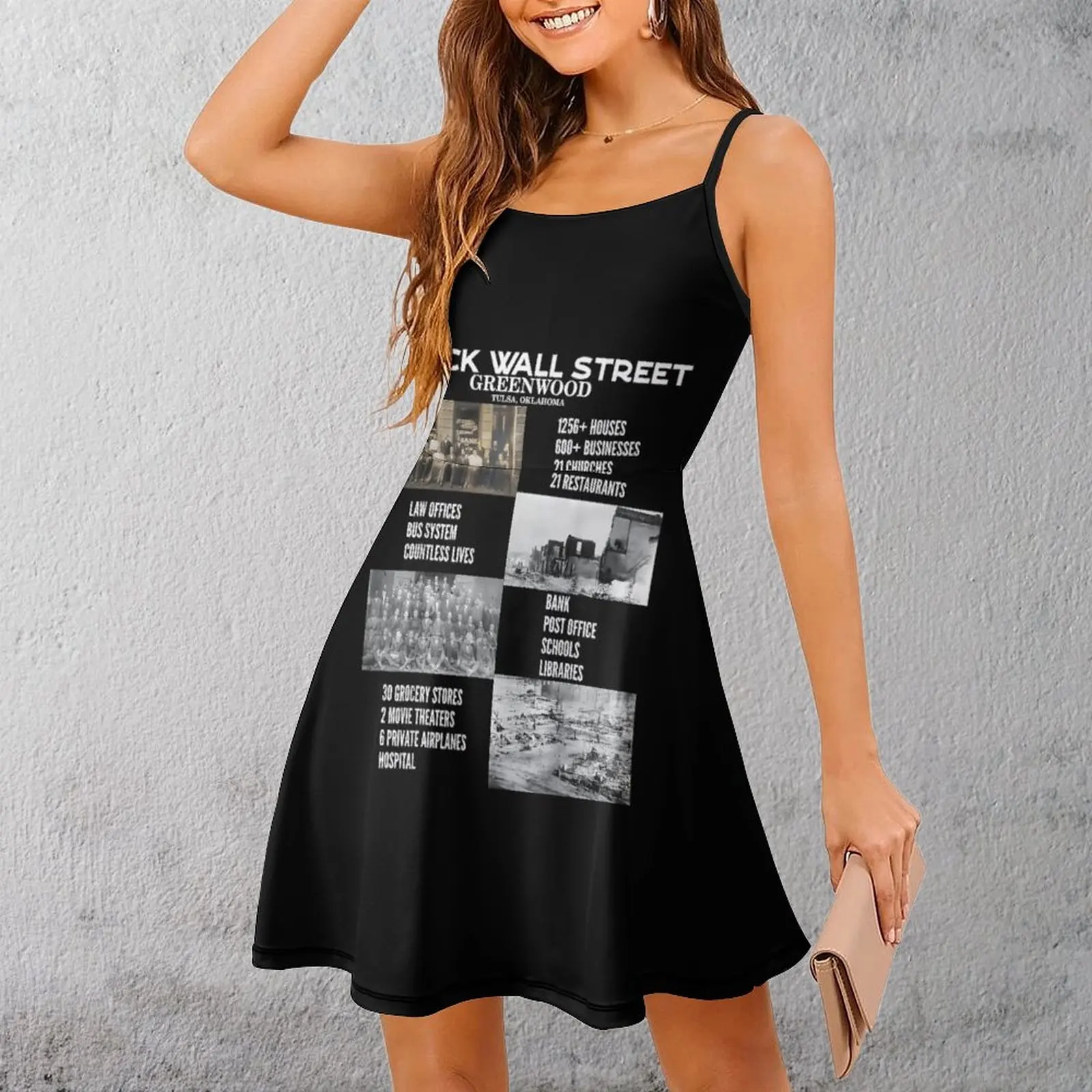 

Black Wall Street History Print Women's Sling Dress Creative Exotic Woman's Clothing Geeky Cocktails Dresses