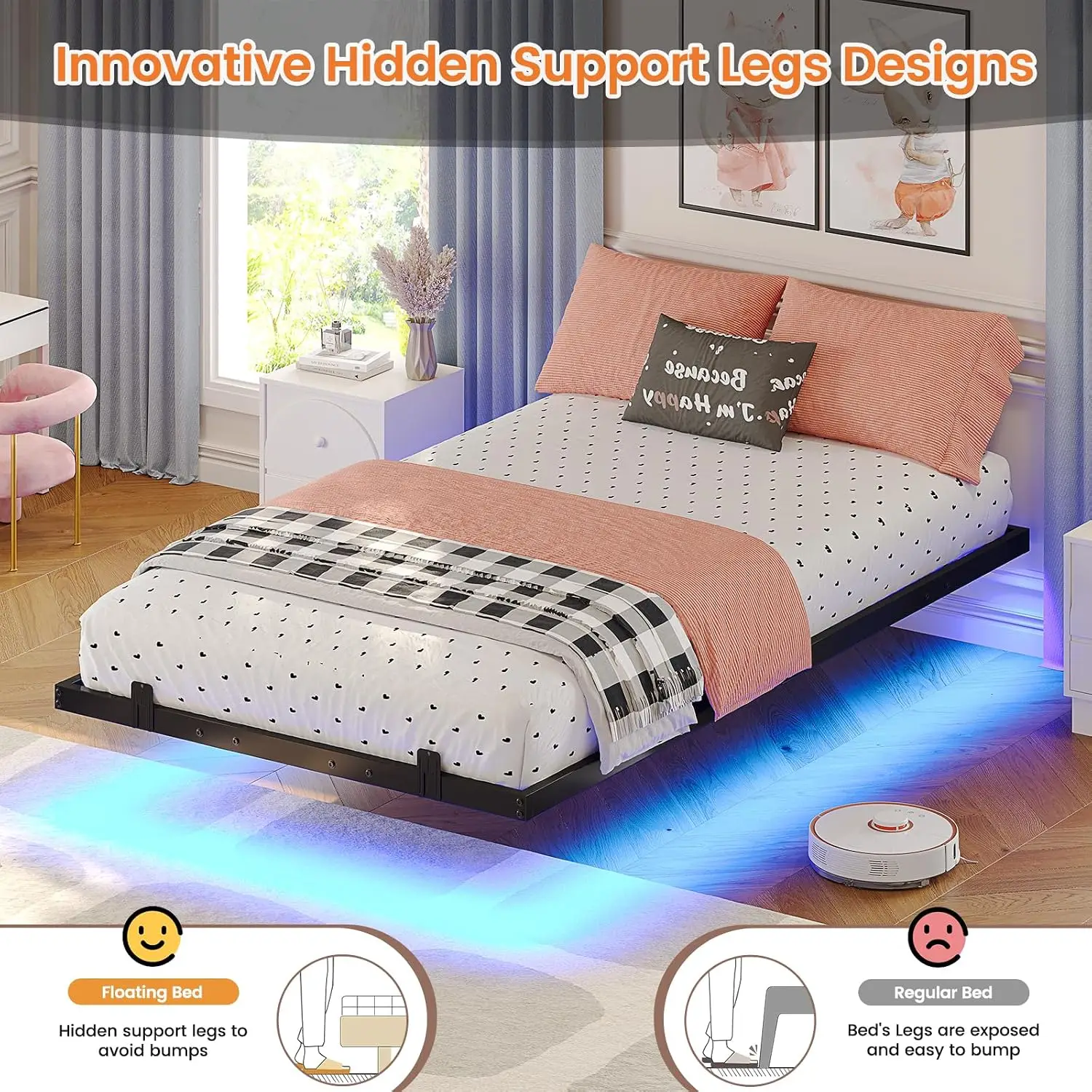 Hasuit Metal Floating Bed Frame Twin Size with LED Lights for Kids No Box Spring Needed Easy to Assemble, Customized view 3