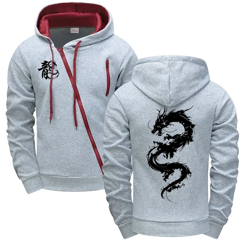 Chinese Dragon Printed Hoodie for Men All Season Daily Casual Sports Coats Outdoor Motorcycle Riding Zip-up Jacket Men's Clothes