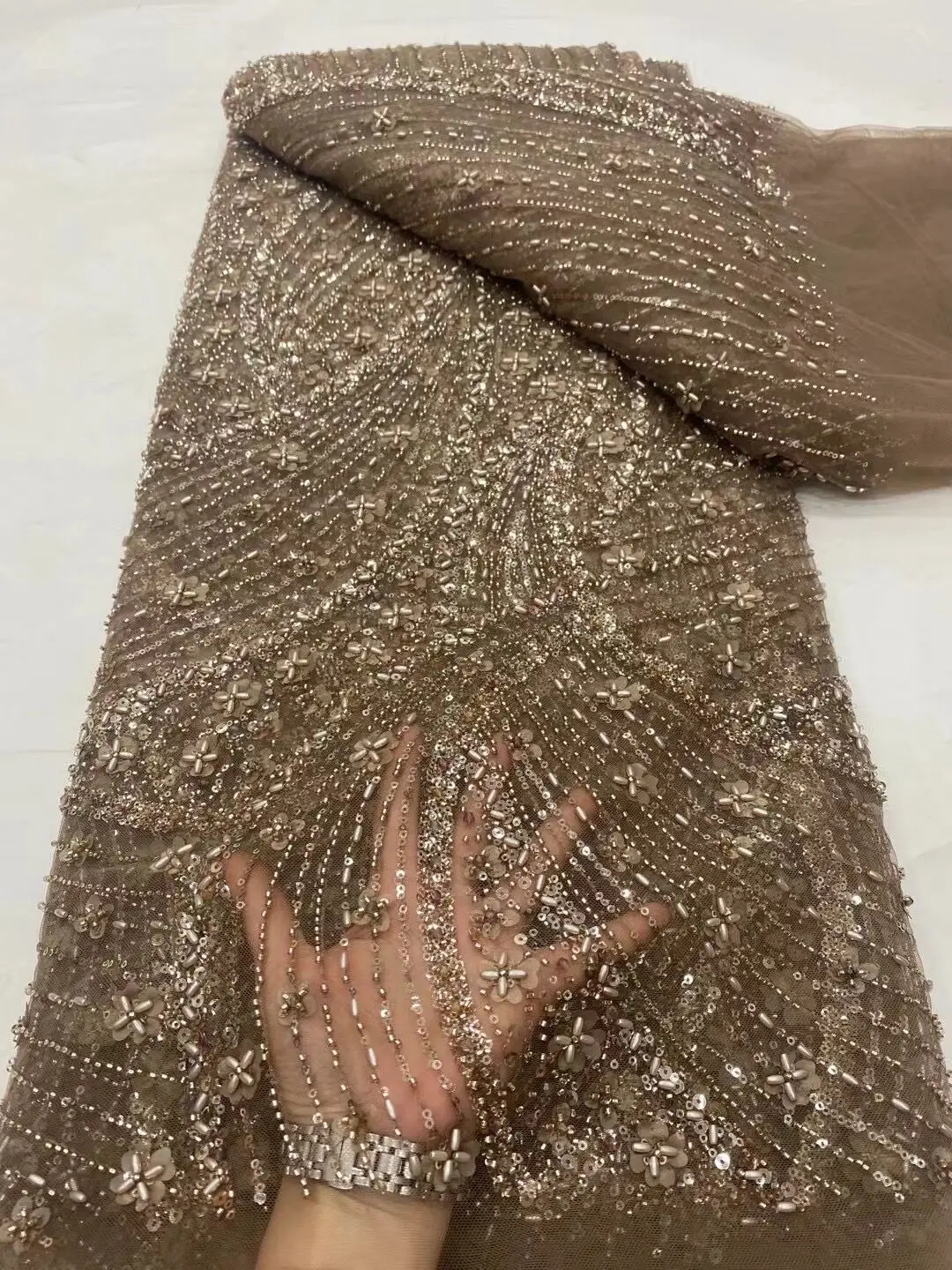 Blue African Luxury Beaded 2024 Nigerian Handmade Heavy Sequins Pearls Lace Fabric Tulle Lace Fabric for Bridal Wedding Dresses