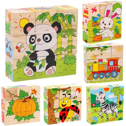 Baby Wooden Blocks Toys Children Six Side Cube Jigsaw Puzzles Game Animal Fruit Traffic Cognize Early Learning Educational Toy