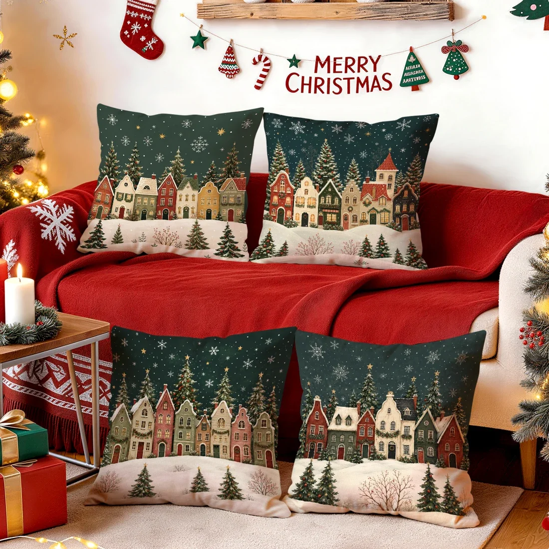 1/4pcs Christmas Fairy Tale Town Cushions Pillowcase Polyester Cushion Cover Throw Pillow Pillowcover Home Car Sofa Decor