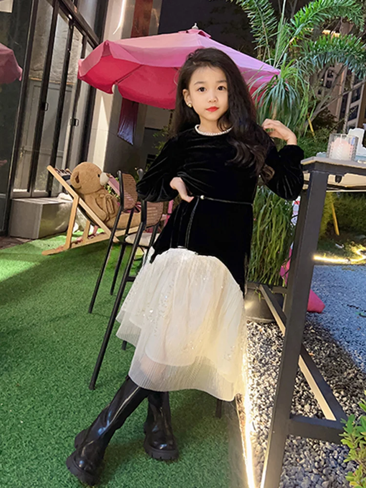 winter spring teen girls Velvet patchwork mesh dress junior kids Princess Formal dresses 4-14 youth child clothes vestido festa