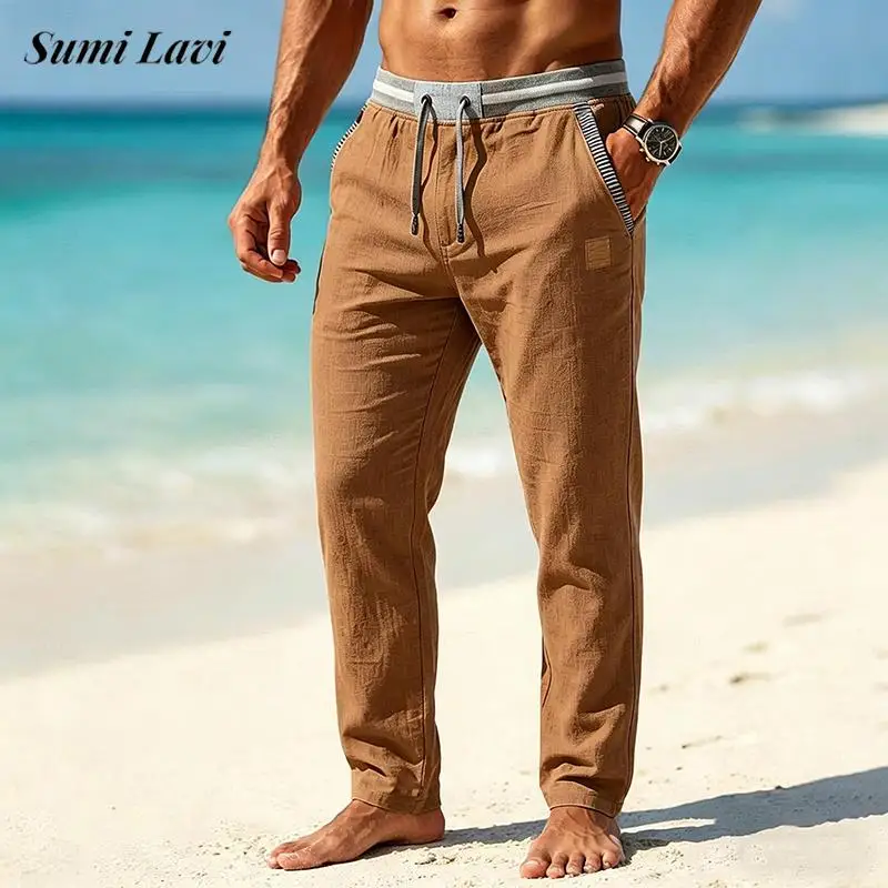 Modische Herren Loose-Fit Gerade Hosen 2026 Frühling Sommer Neue Lässige Leinenhosen mit Kordelzug für Herren Tägliche Freizeit Atmungsaktive Hosen