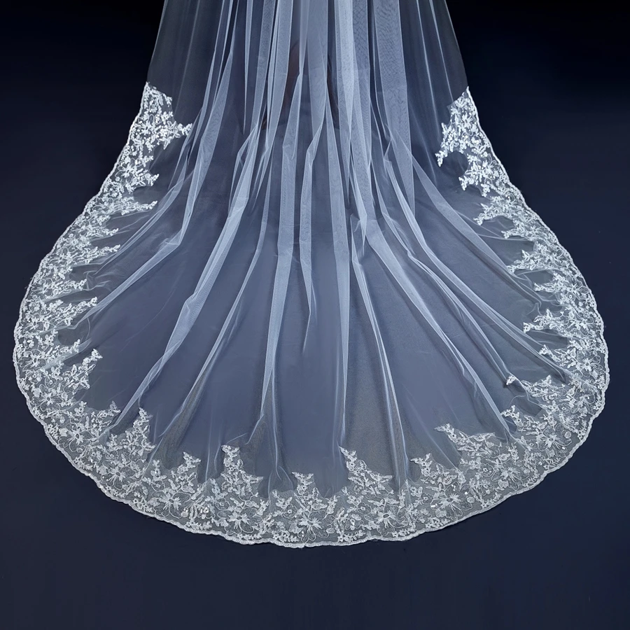الجملة 3 متر كاتدرائية حجاب الزفاف الدانتيل يزين طرحة الزفاف Vestidos de novia العروس اكسسوارات الزفاف الفوال دي mariée