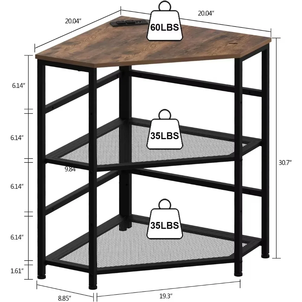Corner table with power socket charging plug USB port adjustable storage shelf computer tower CPU stand home office