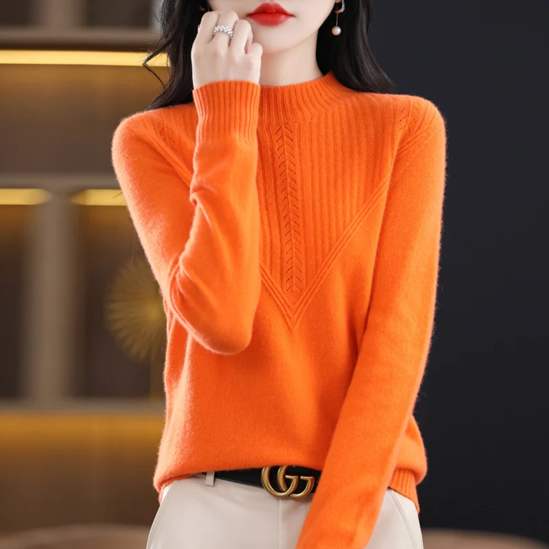 100% Merino wool Autumn/Winter new women's sweater half turtleneck Jumper Fashion diamond-encrusted warm base knit shirt