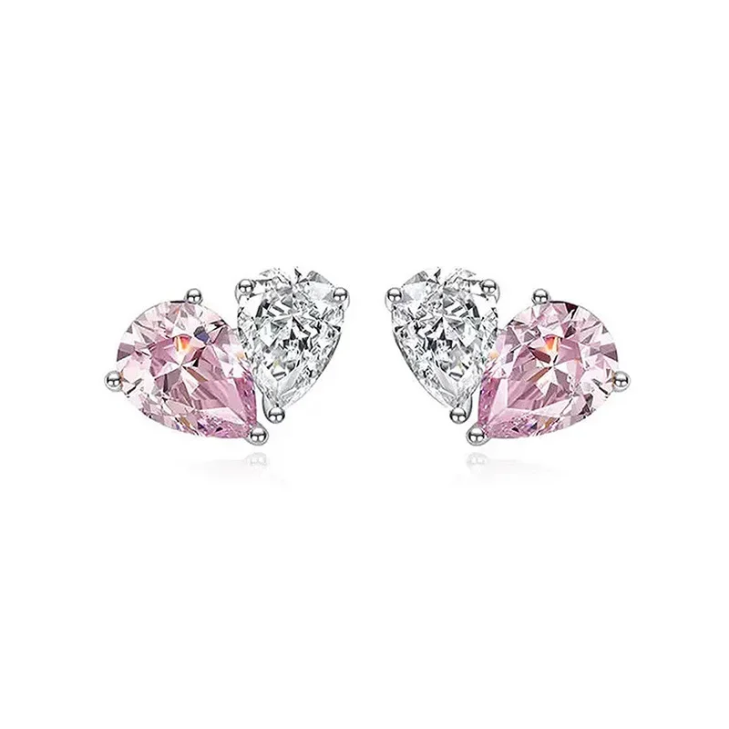 Real Money 925 Sterling Silver Women's Earrings Pink Crystal Heart Shaped Water Droplet Zircon Best Gift for Wedding Jewelry