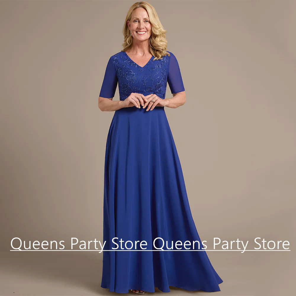 

Royal Blue Mom Wedding Party Dresses V Neck Short Sleeves Customized Lace Chiffon Mother of The Bride Dress Evening Gown