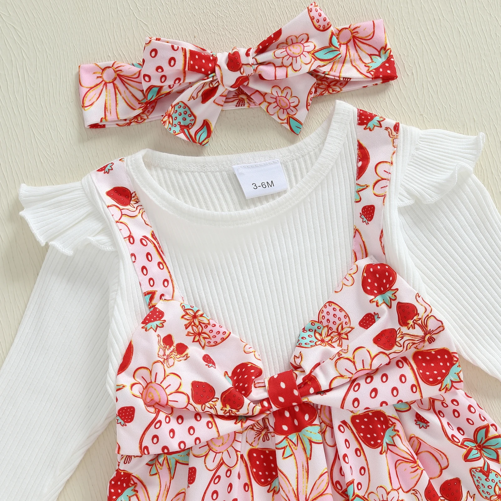 

0-18M Infant Baby Girl Fall Outfits Fake Two Piece Strawberry Print Crew Neck Long Sleeve Romper and Bow Headband 2 Pcs Set
