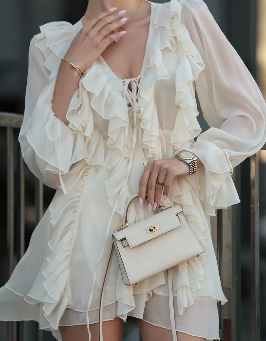 ربيع جديد فستان الشيفون المرأة طويلة فانوس كم عميق الخامس الرقبة كشكش التعادل الخصر تنورة قصيرة أنيقة النمط الفرنسي #5