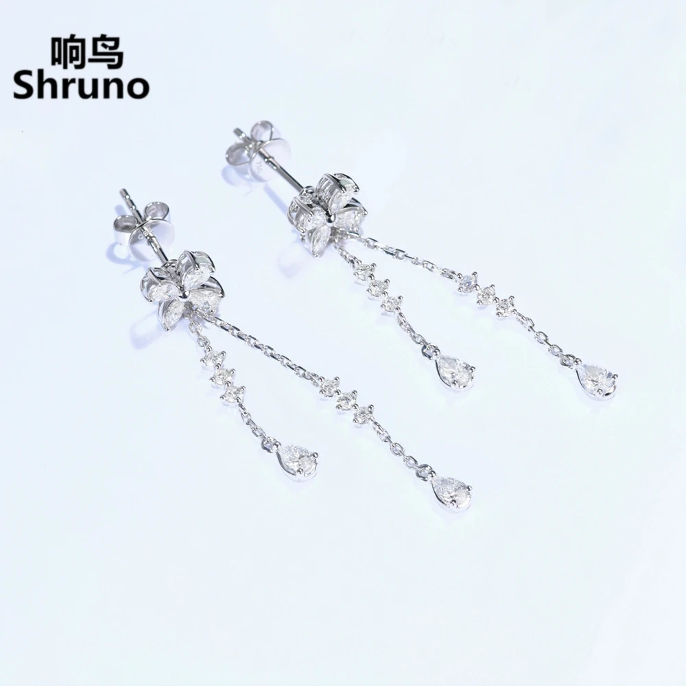 Shruno Solid 18k White Gold Water Drop Moissanite Stud Earrings Dual Purpose Style Long Eardrops Earstring Female Customization