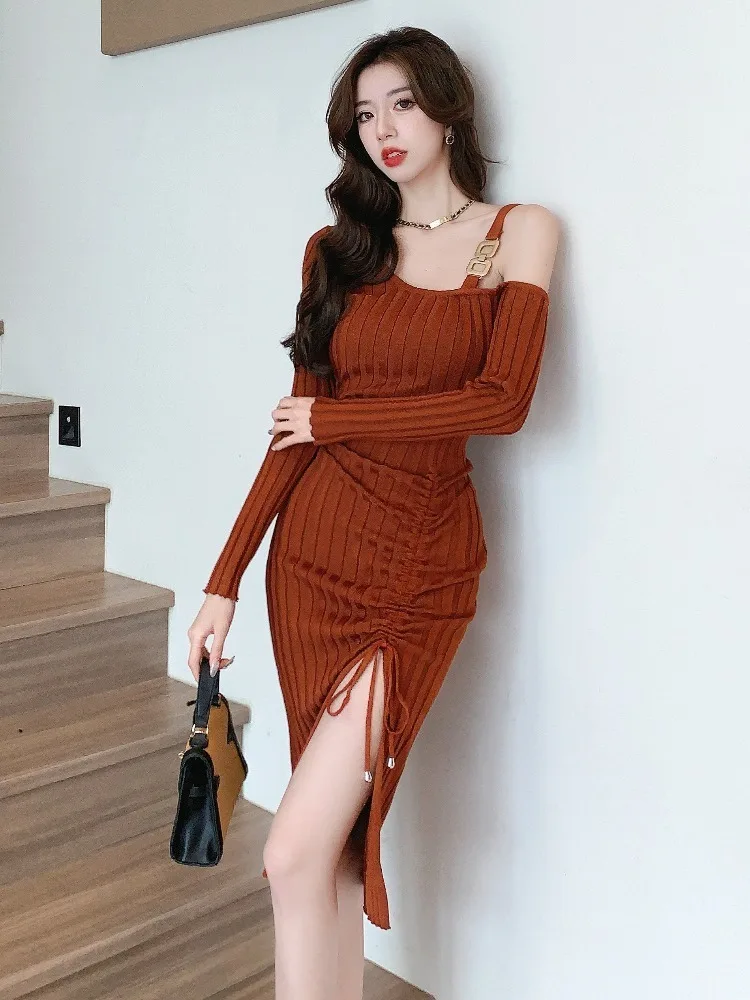 Dames Paars Breittet Chic Single Sling Sexy Clubjurk Herfst Winter Elegante Chique Prom Kleding 2024 Koreaanse Bodycon Feestjurk