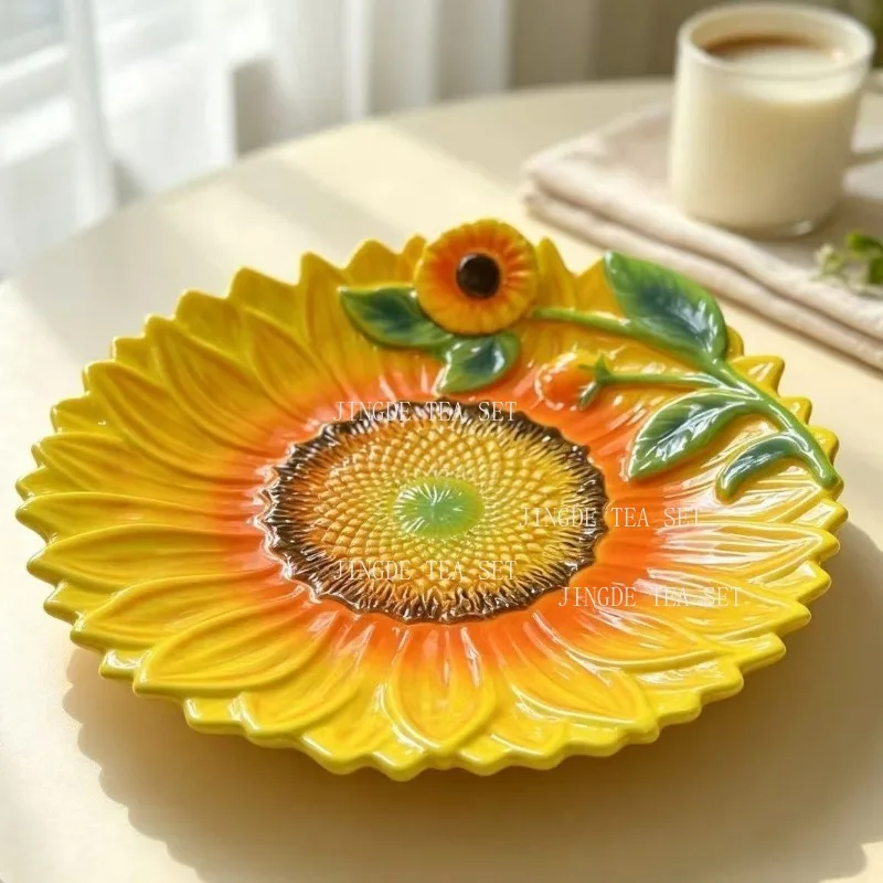 3D Embossed Sunflower Ceramic Plate Under-glaze Color Fruit Dessert Tray Pastoral Style Breakfast Dish Home Table Decor Gift