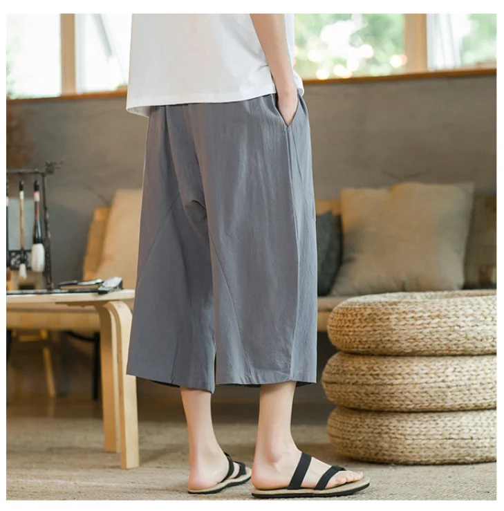 Men Harem Pants Vintage Cotton Linen Elastic Waist Wide Leg Trousers Female Casual Solid Pockets Loose Cropped Pants