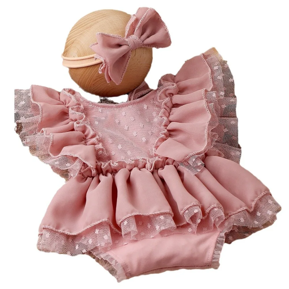 

New Lace Details Newborn Romper Dusty Pink Chiffon Material Photography Outfits Bow Hairband Chiffon Romper Photo