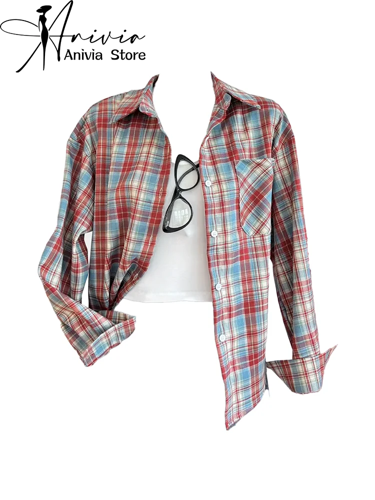 

Women's Red Plaid Shirts and Blouses Y2k Aesthetic Streetwear Vintage Korean 2000s Elegant Long Sleeve Polo-Neck Shirt Clothes