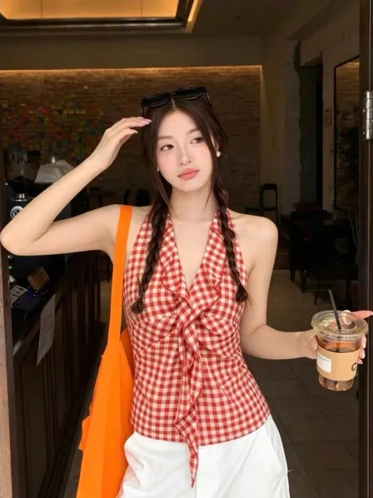 Summer Plaid Sleeveless Vest Women's Fashion Slim Fit Backless  Knot Top Breathable V-neck Casual Wear Polyester Fiber