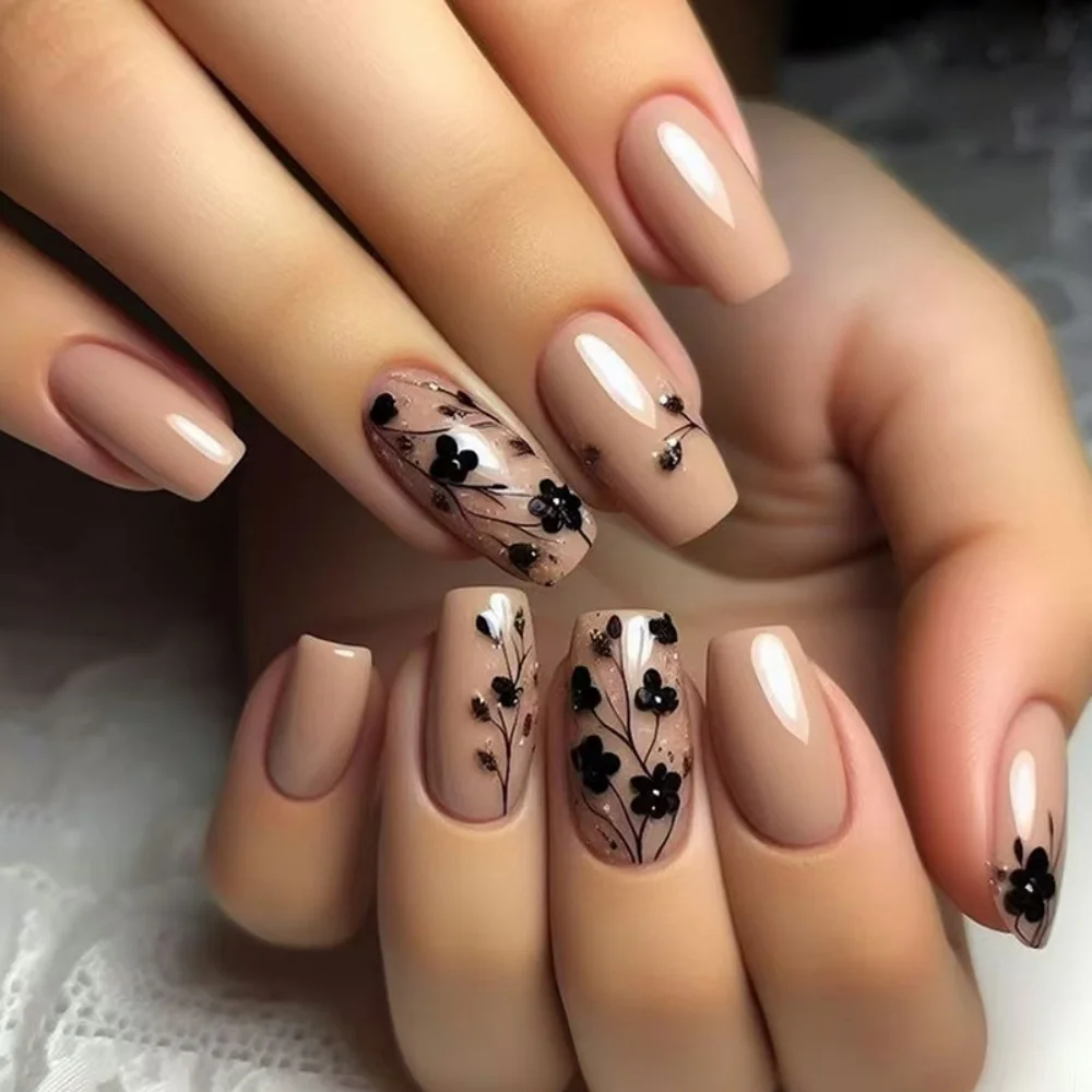 24pcs Wearable Glossy Short Ballet Press on False Nails Brown Dried Flower Design Manicure Solid Color Art Simple Fake Nail Tips