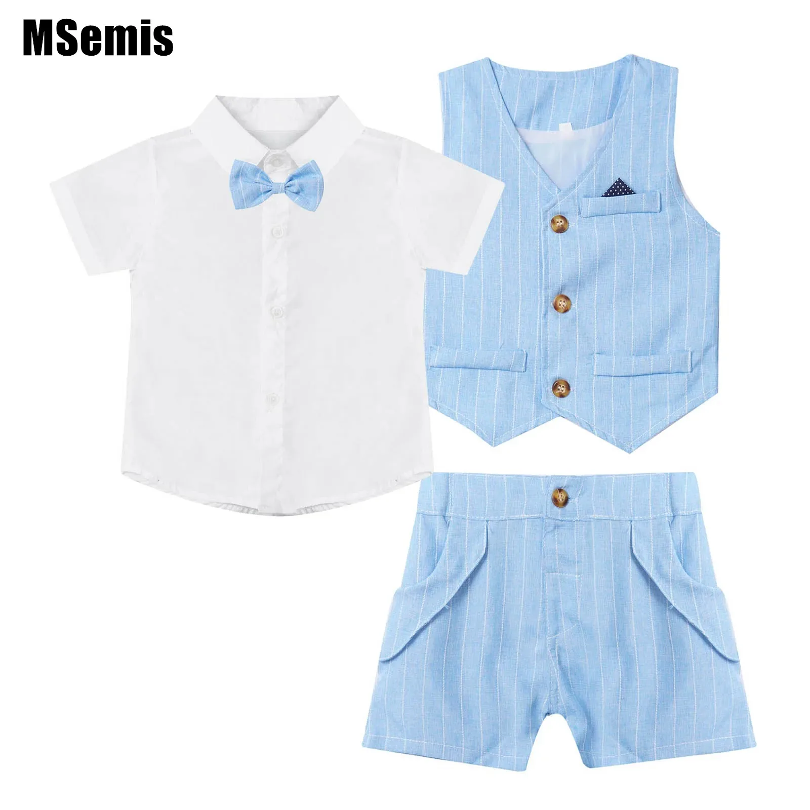 

Kids Boys Gentleman Outfit Short Sleeve Lapel Bow Tie Solid Shirt Button Down Lined Vest Elastic Waistband Shorts Suit