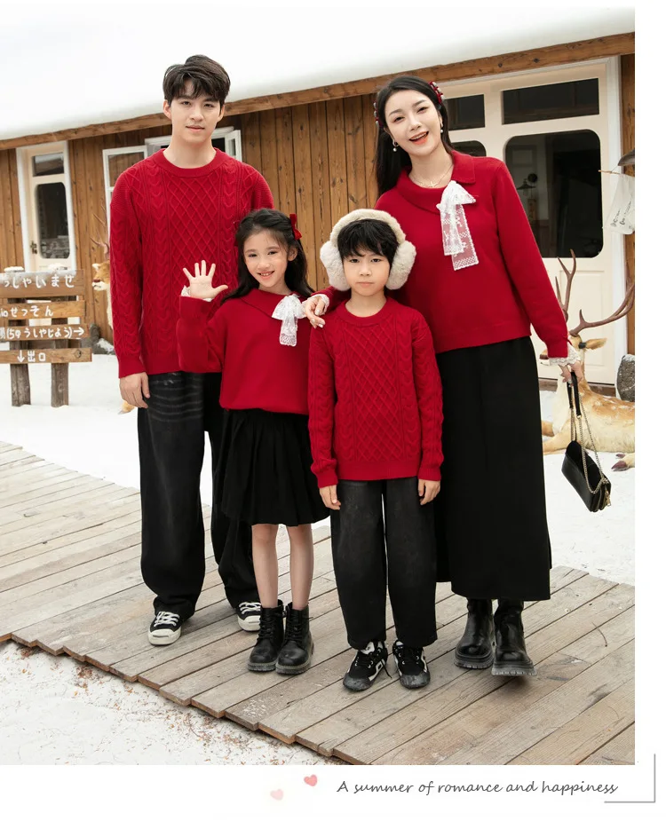 Family Matching Sweater Mom Dad Daughter Son Red Knit Tops Pullover Winter New Year Parent-child Clothes Christmas Couple Outfit