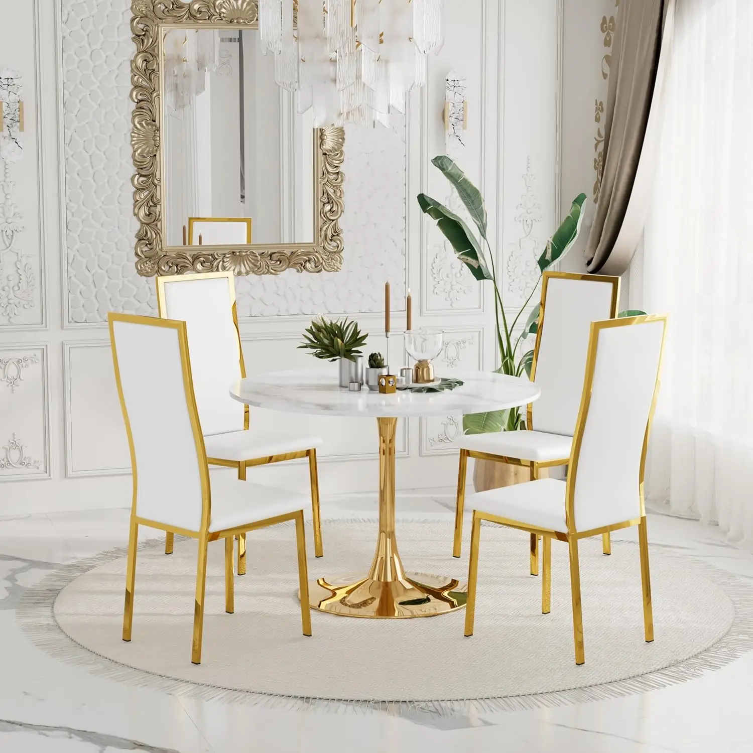 

34'' Round Marble MDF Top Dining Table Set w/ Gold Metal Legs & 4 Chairs, Modern Kitchen Cafe, Customized
