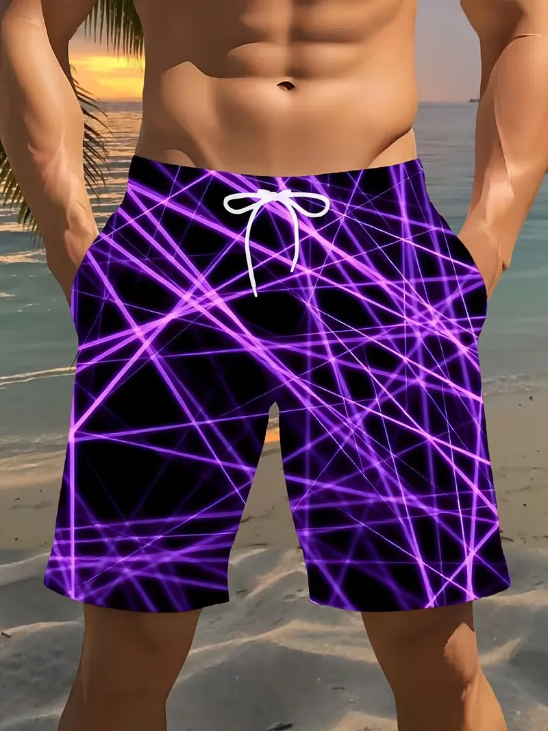 

Неоново-фиолетовые плавки с геометрическим лазерным принтом для мужчин, быстросохнущие свободные пляжные шорты, летние купальные шорты для серфинга