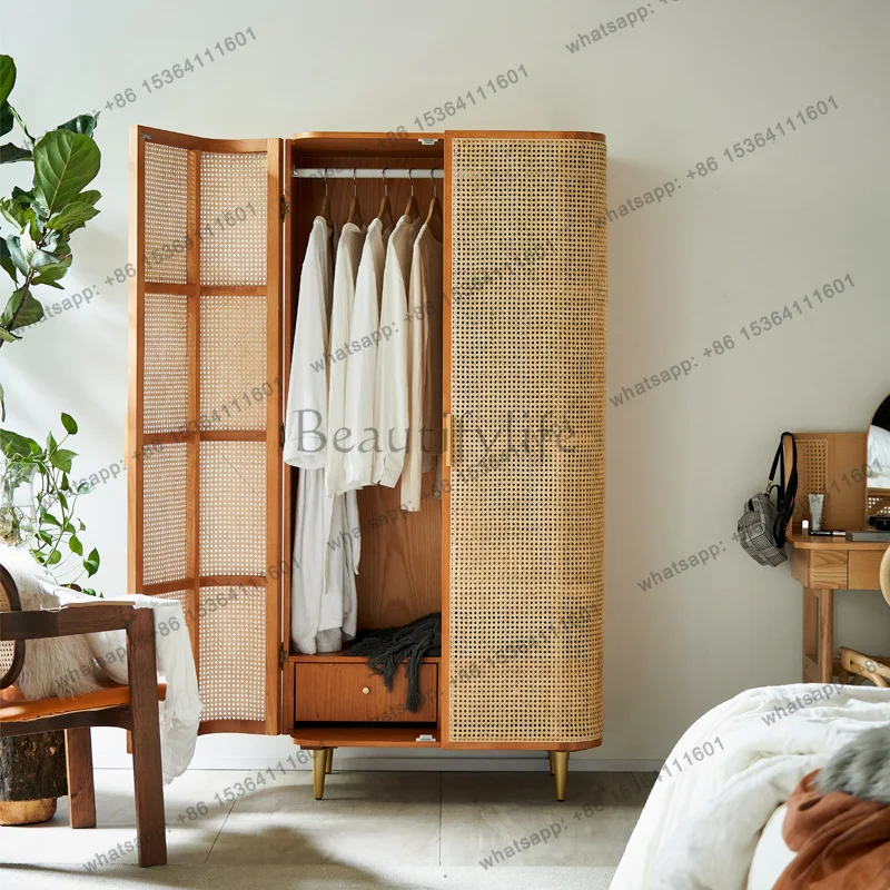 X4 Wabi Sandy Wind Solid Wood Wardrobe Rattan Double Door Storage Large Capacity Locker with Drawer