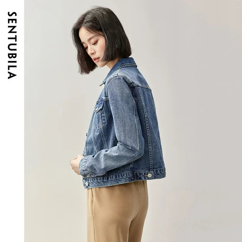 SENTUBILA 100% Cotton Denim Coat for Women 2024 Autumn Straight Washed Turn Down Collar Single Breasted Women Tops W43W57147X