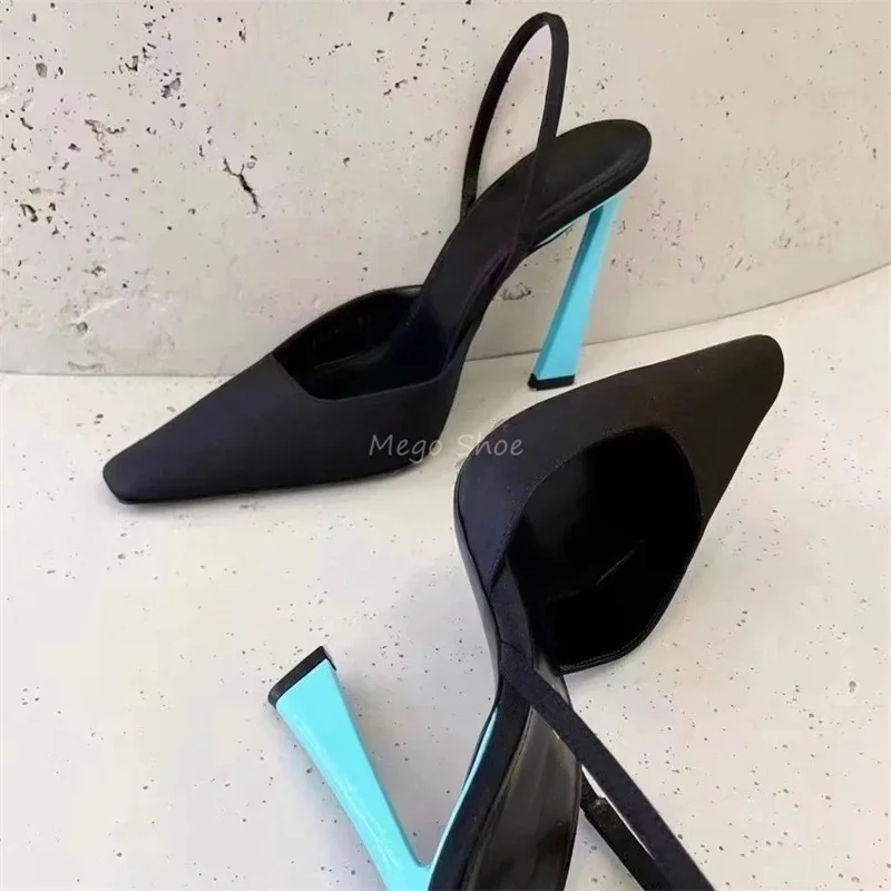 2024 New Summer Square Toe Shallow High Heels Sandals Blue Color Heels Black Silk Stiletto Shoes for Women Brand Design Shoe