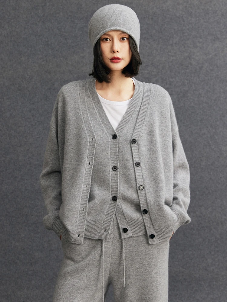 

TLOML New Women 100%Cashmere Sweater V-neck Buttons Cardigan Cashmere Knitwear High Quality Autumn Winter Soft Casual Loose Top