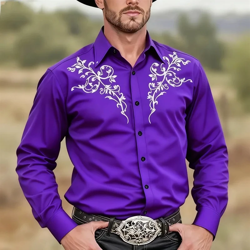 Men's Ethnic Print Long Sleeve Shirt Western Style Cowboy Roll up Sleeve Retro Outdoor Vacation Casual Clothing 2026 New