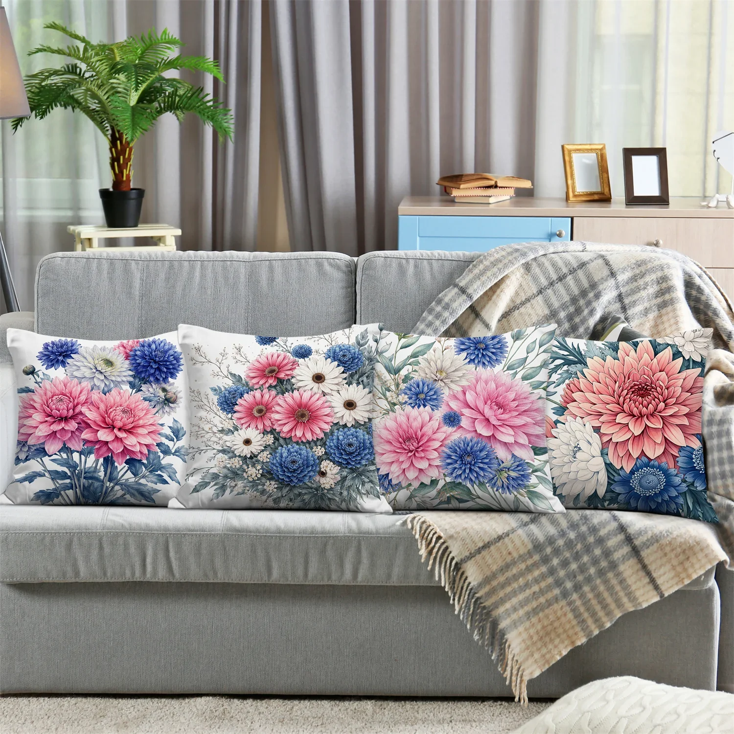 Set of 4 Decorative Throw Pillow Covers with Vibrant Floral Bouquet Print for Living Room Decor