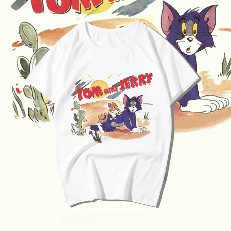 

Cat and Mouse Vintage Tom Cat Jerry Mouse Print Cotton Crew Neck Cotton Couple Pack T-Shirt Summer Loose Short Sleeve