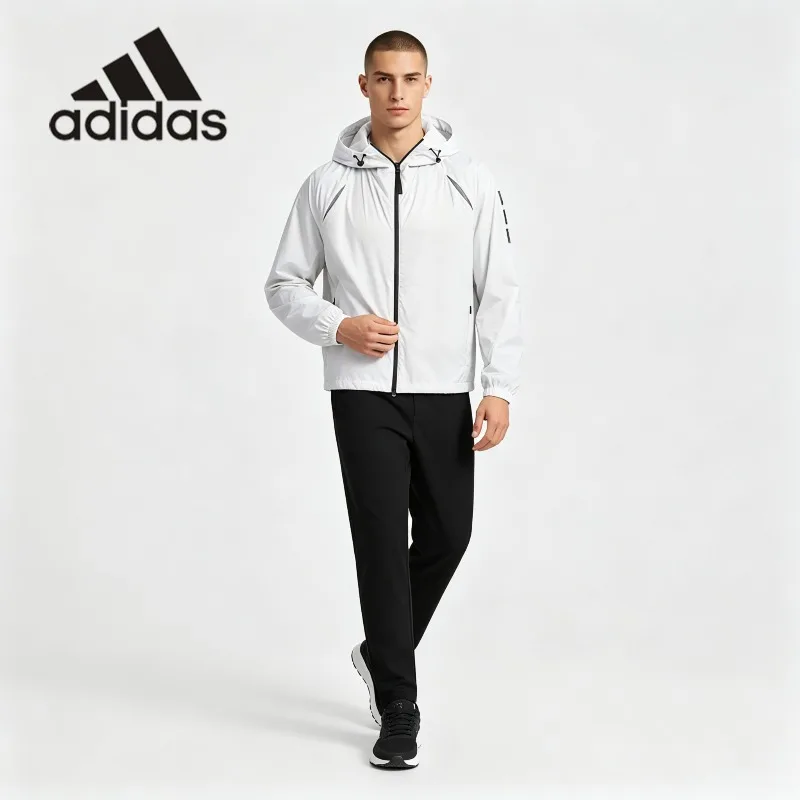 Slim Black Adidas Mens Light Breathable Zip Hood Windbreaker Cuffed Joggers All Season Gym Outfit One Set JM6232 + JZ4190