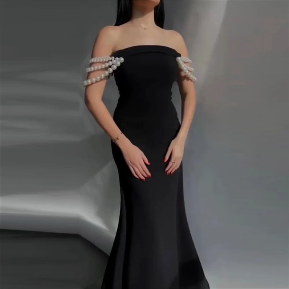 

Fashion Black Mermiad Strapless Pearl Prom Dress Women Floor-length Evening Party Gown Formal Occasion Dresses فساتين السهرة