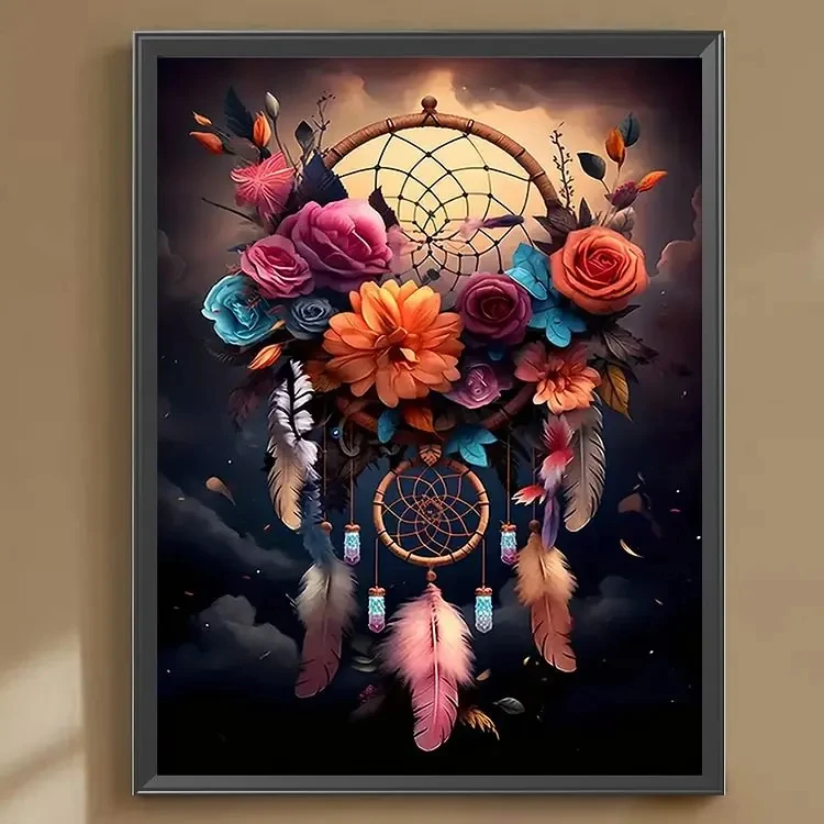 Blumen-Traumfänger Boho Blumendesign 5D DIY Diamantmalerei-Set Vollrund-Bohrer für Erwachsene Heimwandkunst Deko Geschenk Entspannung