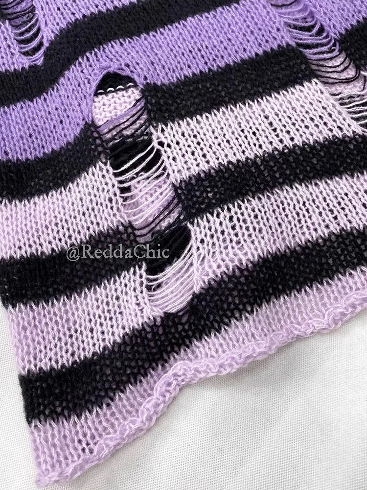 REDDACHiC Maglione strappato a righe sfumate Alt Punk Manica lunga Pullover in maglia strappata extra lunga Top Y2k Retro Autunno Abbigliamento donna