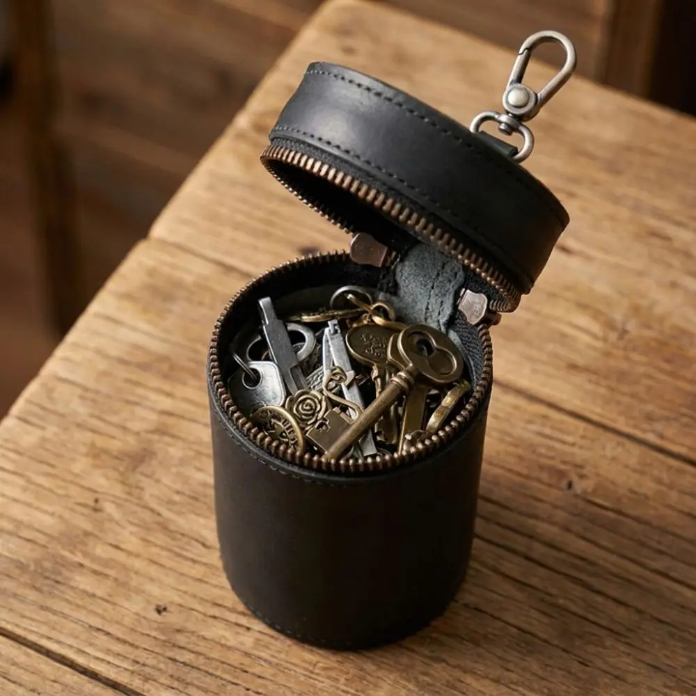 PU Leather Coin Storage Bank Cylindrical Handmade Car Interior Piggy Bank with Clip Round Zipper Trinkets Coin Purse