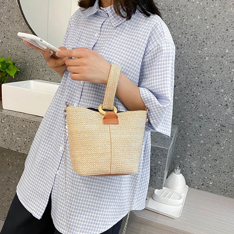 Chain Bag Bucket Bag Straw Woven Bag Small Satchel Shoulder Handbag for Dating