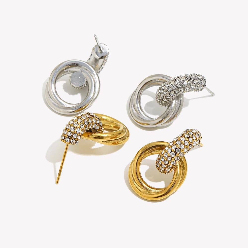 E.B. belle White Zircon Double Ring Stud Earring Basic Stainless Steel Jewelry For Women Girls Party Daily Life Waterproof